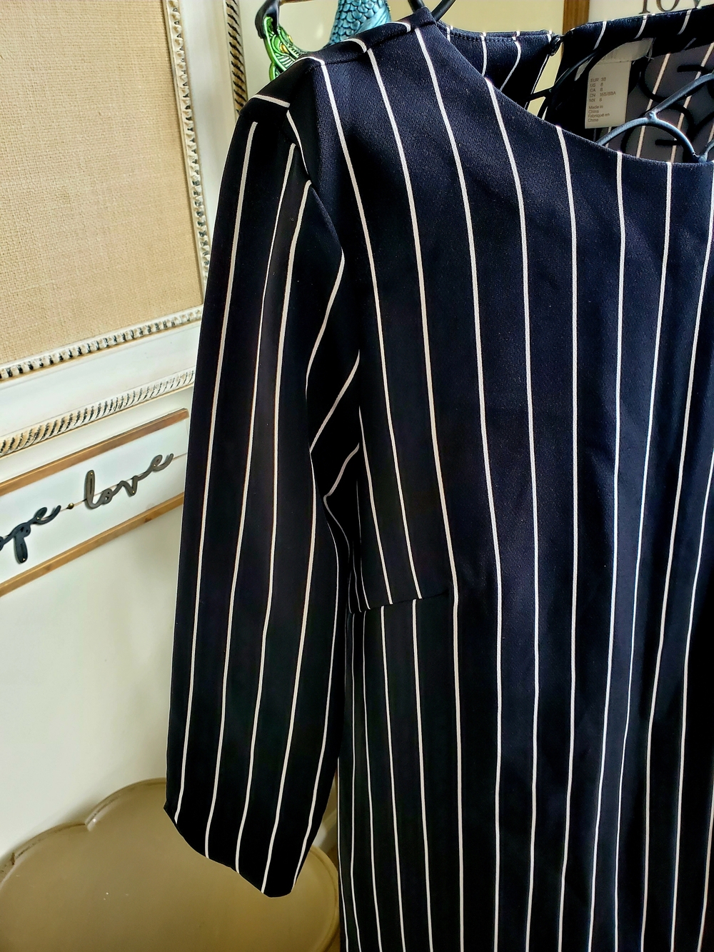 H&M Navy and White Pinstripe Long Sleeve Shift Dress - Picture 2 of 6